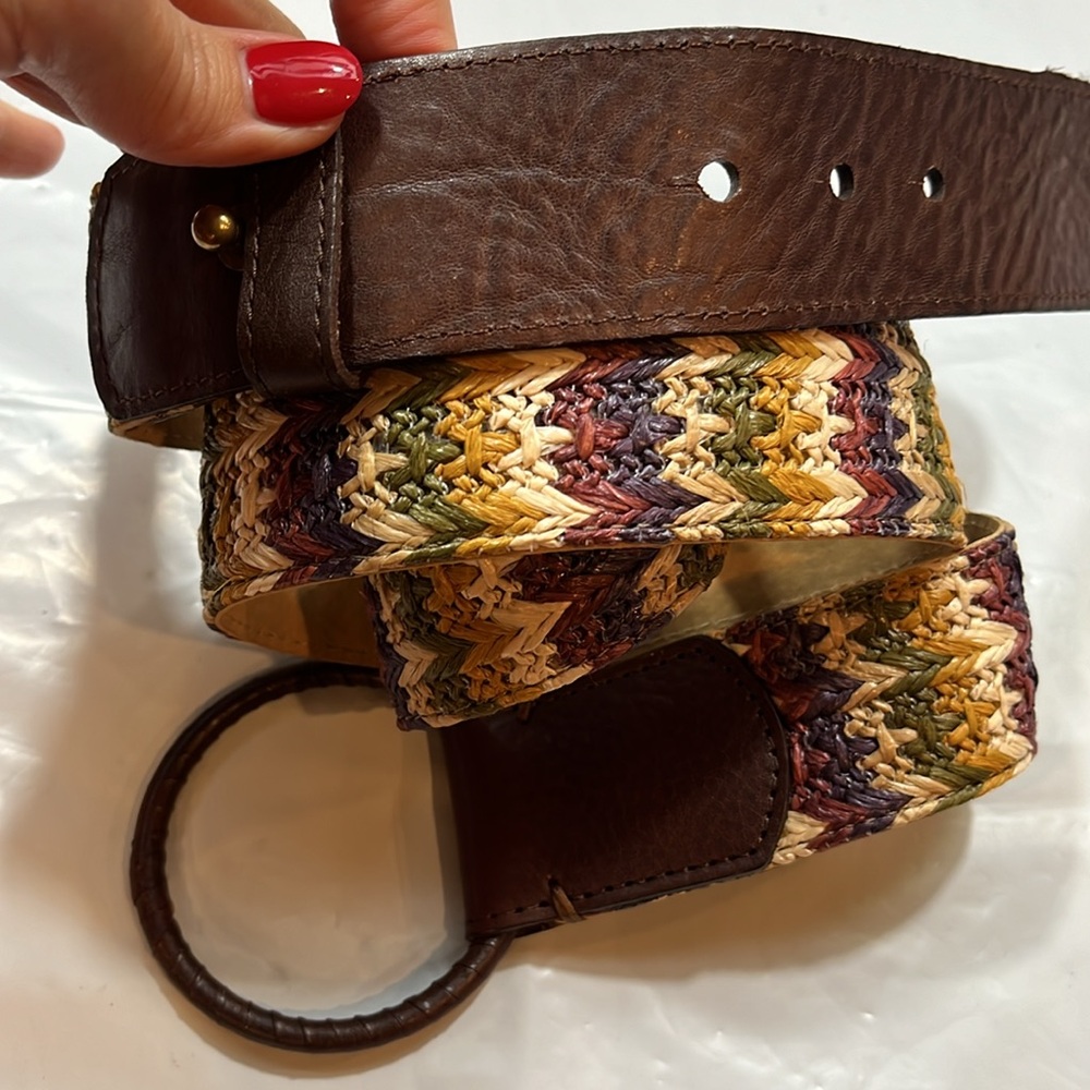 Talbots brown leather belt tan beige olive weaved boho LOOP foldover hook 41-43”